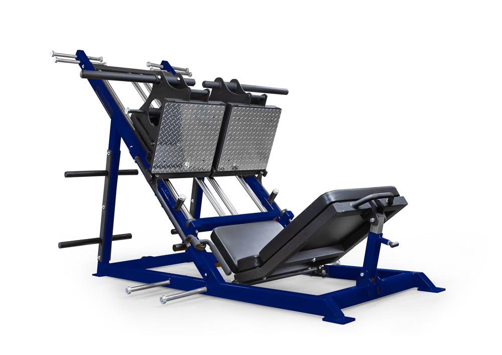 Blue and black leg press machine on a white background
