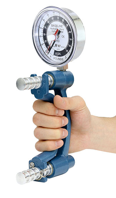 picture of a person holding the Baseline Hand Dynamometer HiRes Gauge ER 300 lb Capacity