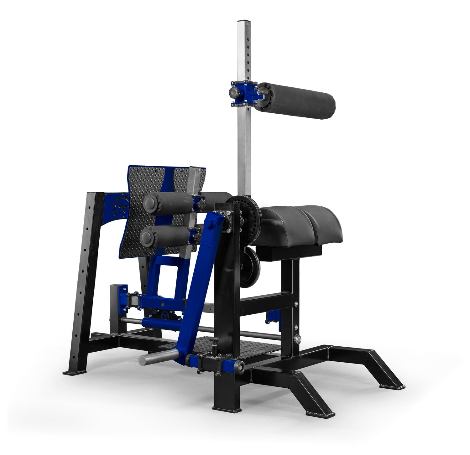 Gym machine with blue and black design on a white background