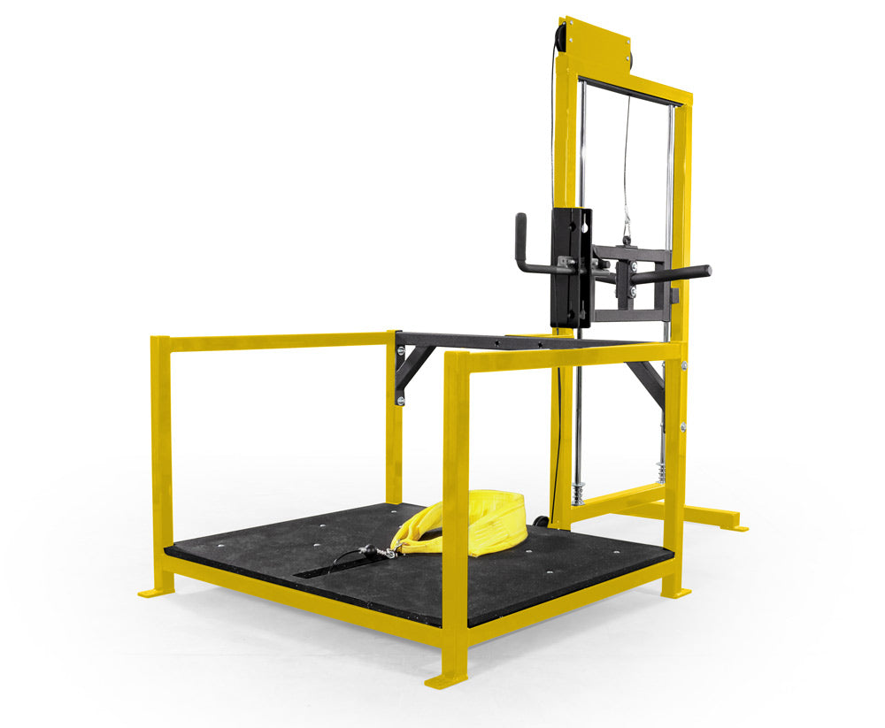 Yellow power rack with a yellow towel on a white background