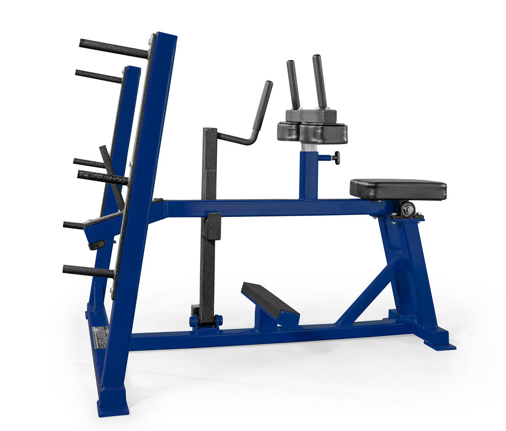 Blue and black weightlifting machine on a white background
