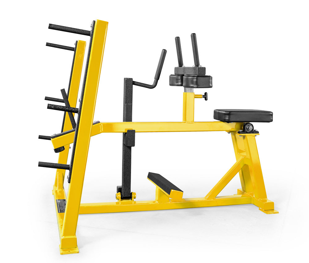 Yellow and black weightlifting machine on a white background