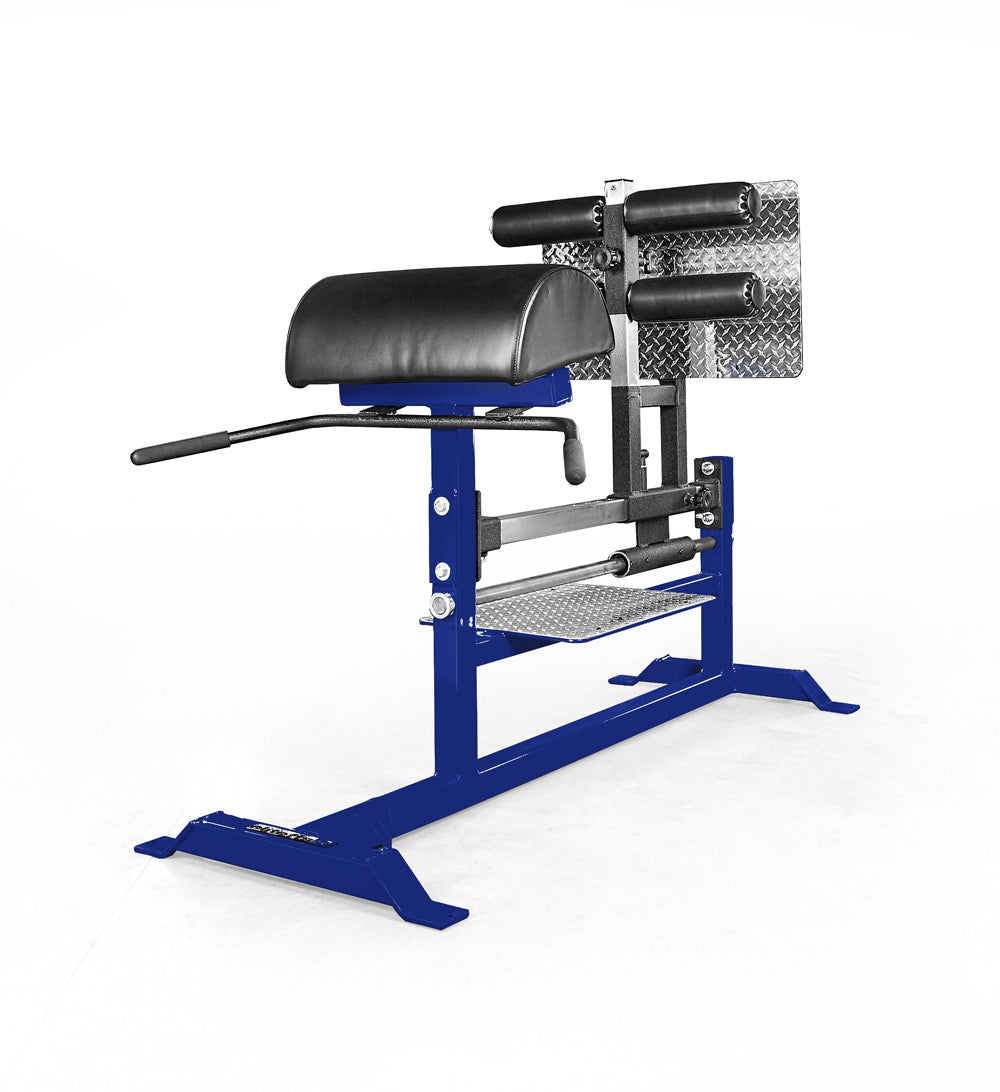 Blue gym machine with black padding on a white background
