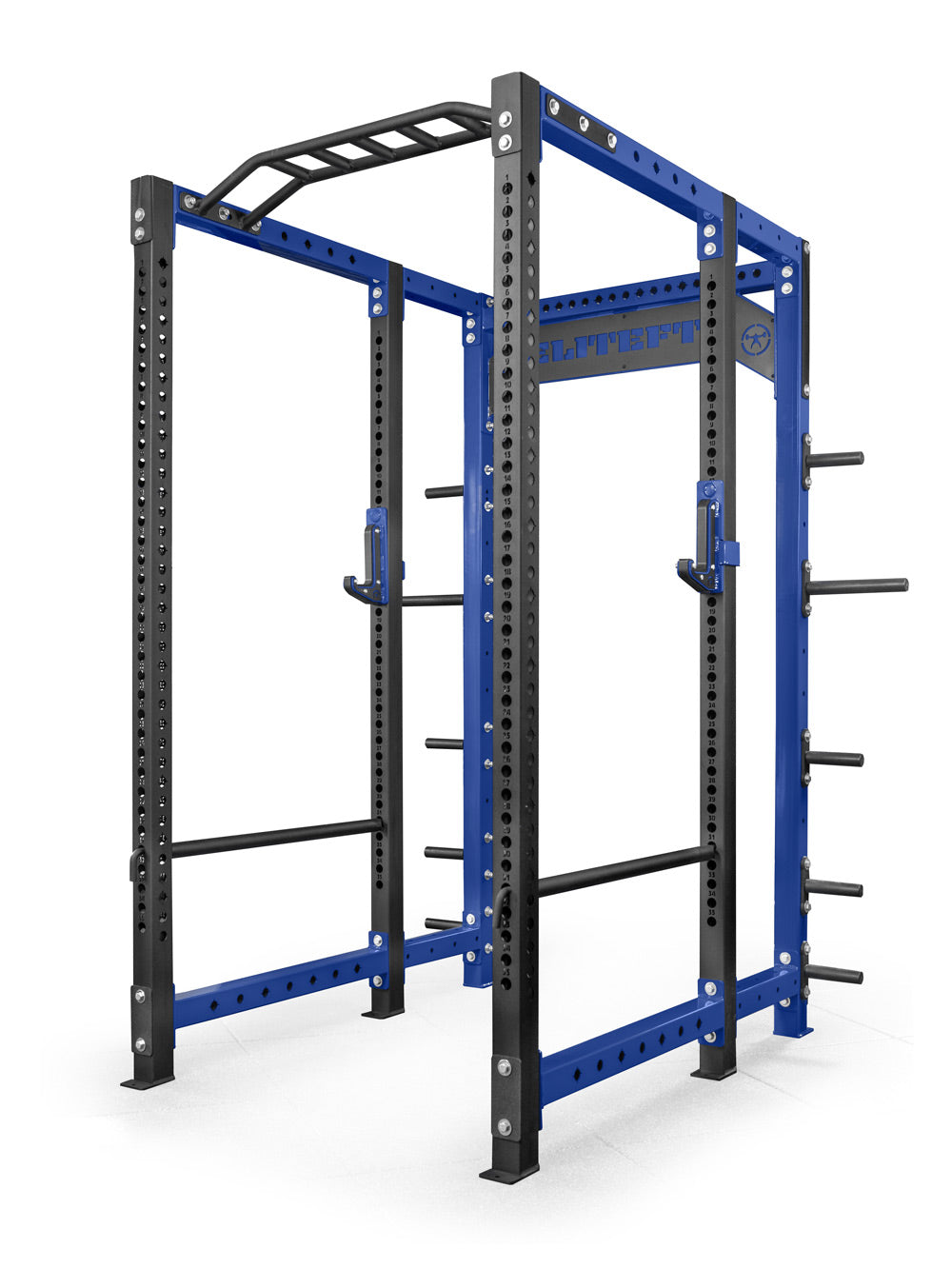 Blue and black power rack on a white background
