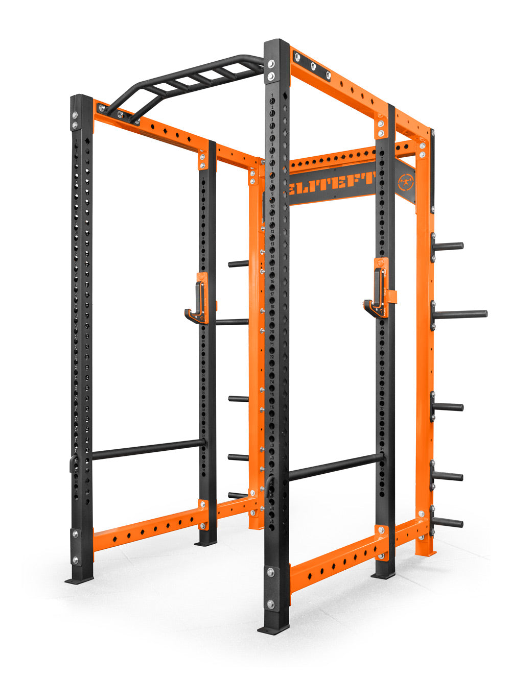 Orange and black power rack with 'Lifefit' branding on a white background