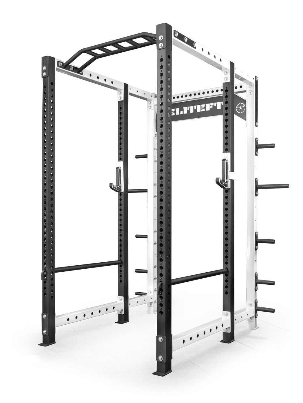 Black power rack with 'EliteFT' branding on a white background