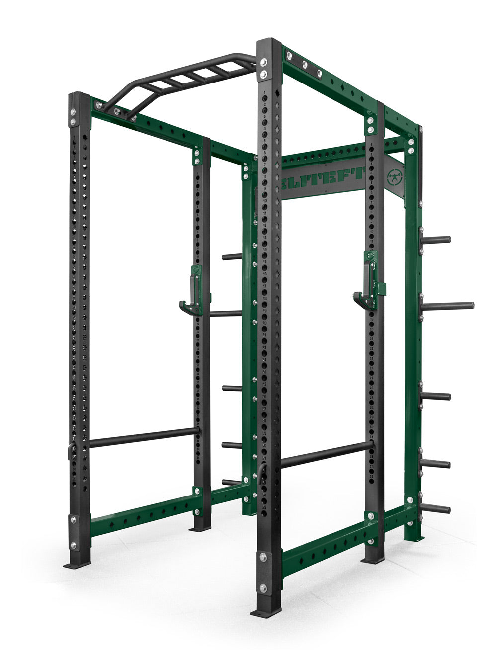 Green and black power rack on a white background