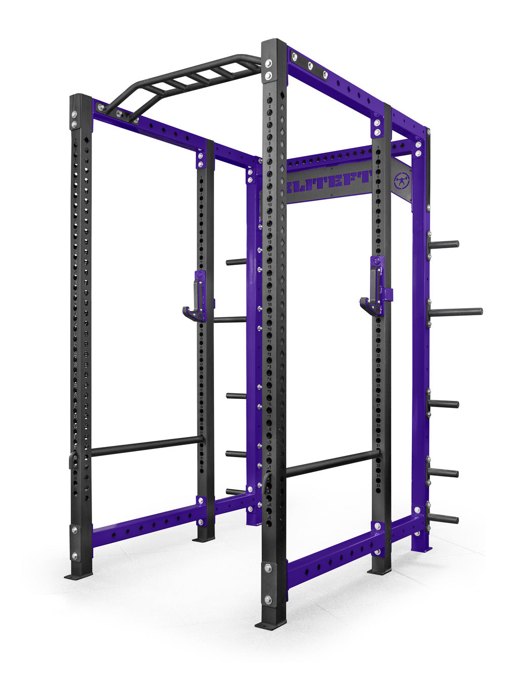 Power rack with purple and black color scheme on a white background