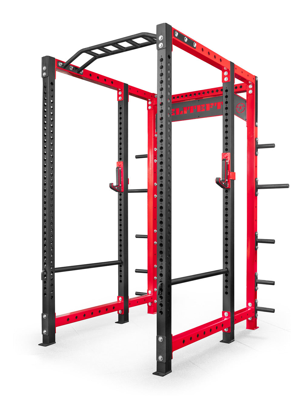 Red and black power rack on a white background