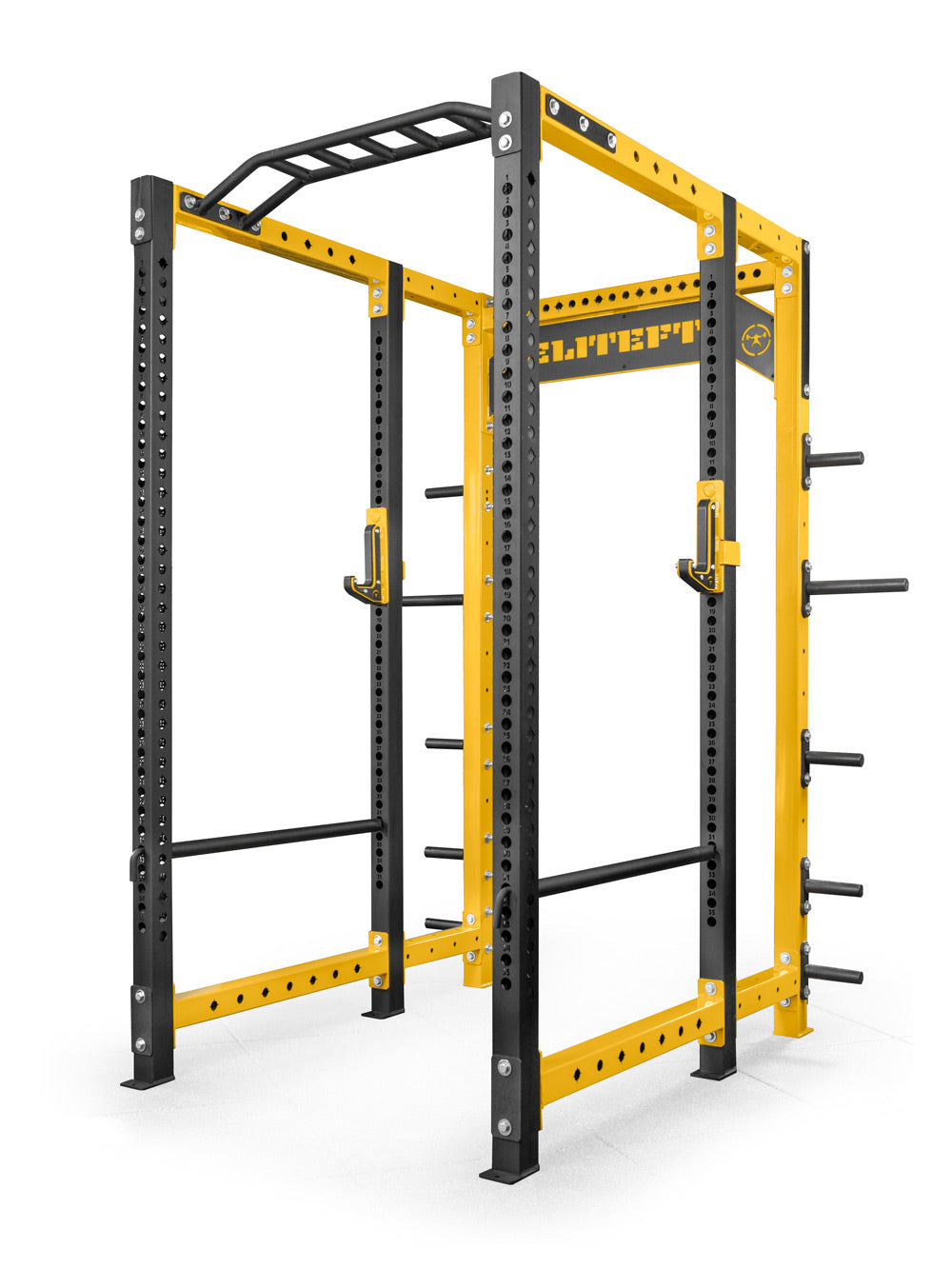 Yellow and black power rack with 'Lifefit' branding on a white background