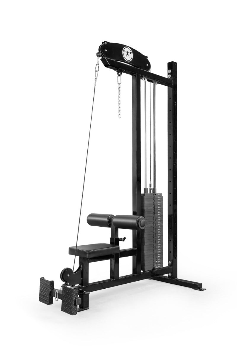 Black cable machine gym equipment on a white background