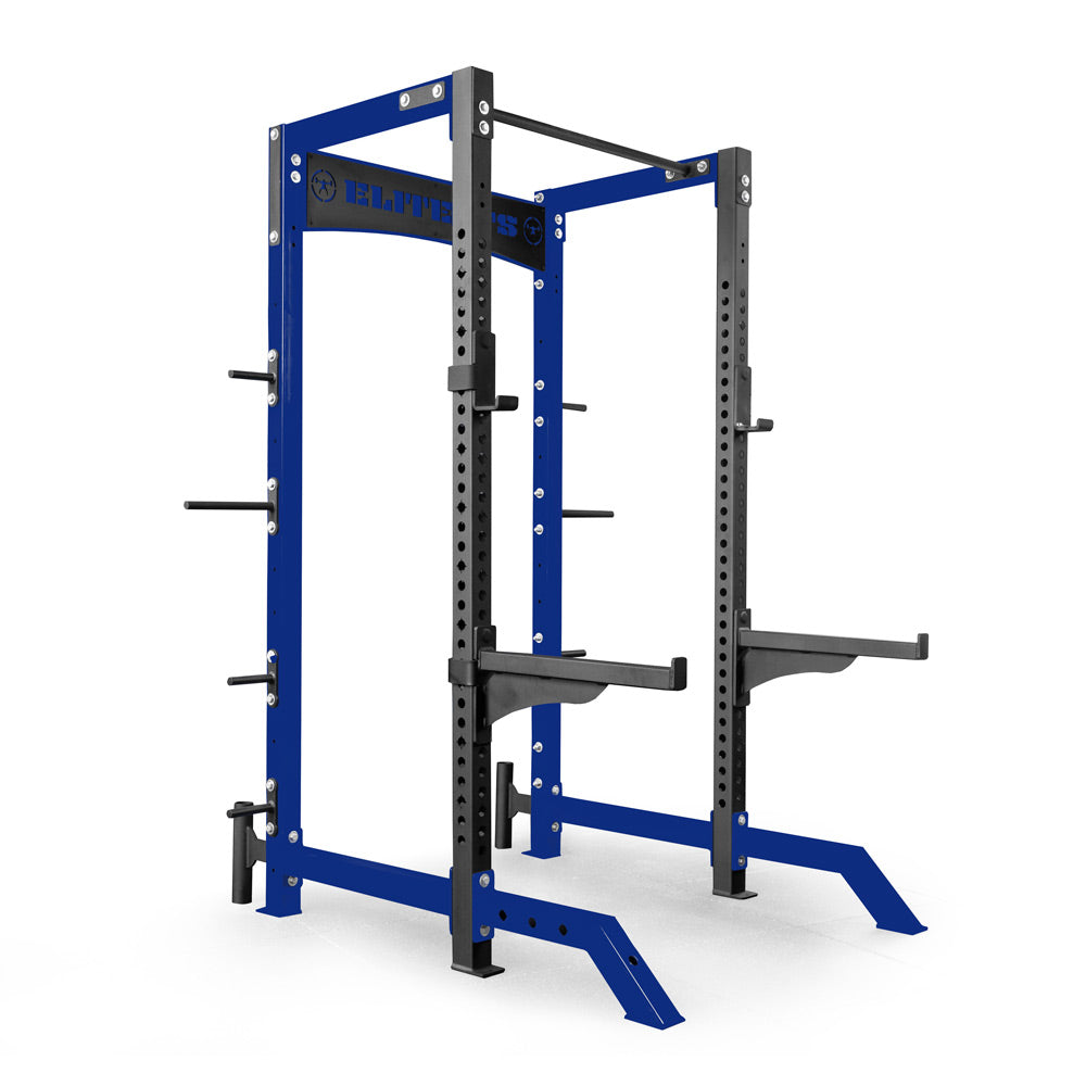 Blue and black power rack on a white background