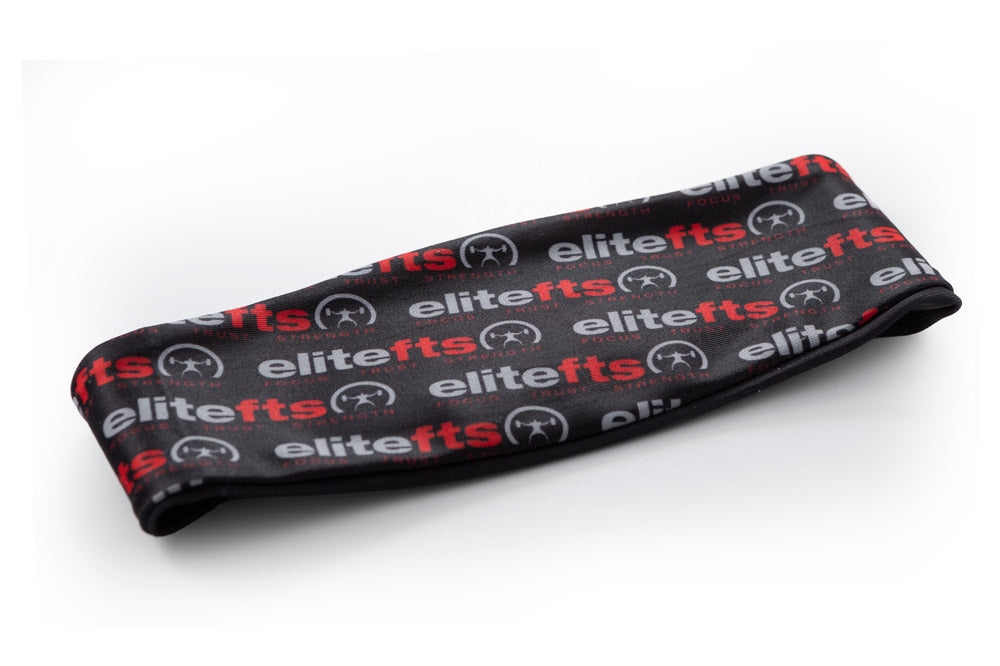 Black resistance band with 'elitefts' branding on a white background
