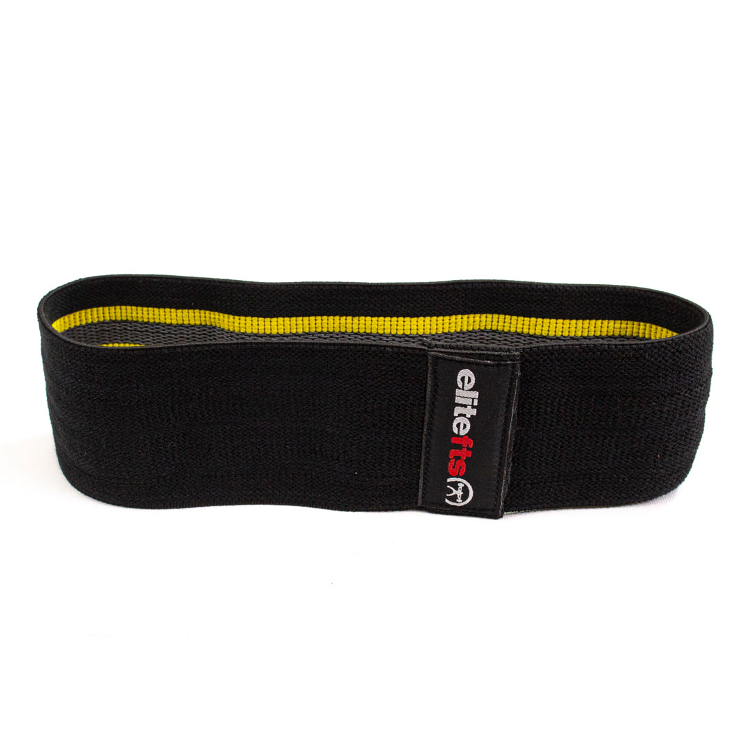 Black resistance band with yellow strip and 'elfit' branding on a white background