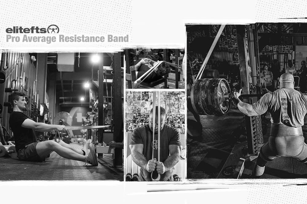 Black and white collage of people exercising with resistance bands and weights, featuring Elitefts branding.