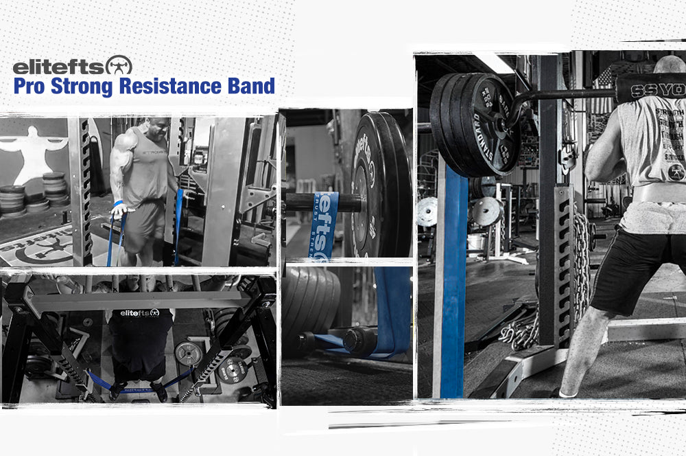 Collage of people using resistance bands in a gym setting with EliteFTS branding.