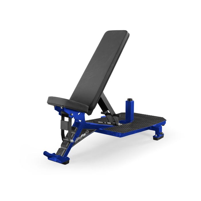 Black and blue adjustable weight bench on a white background