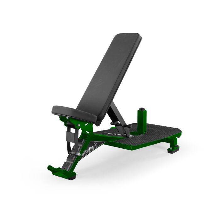Black and green adjustable weight bench on a white background