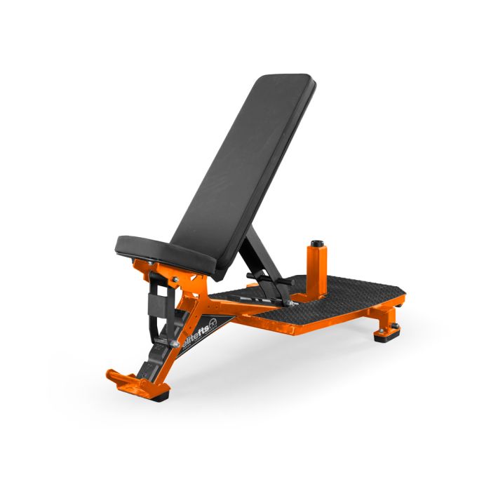 Black and orange adjustable weight bench on a white background