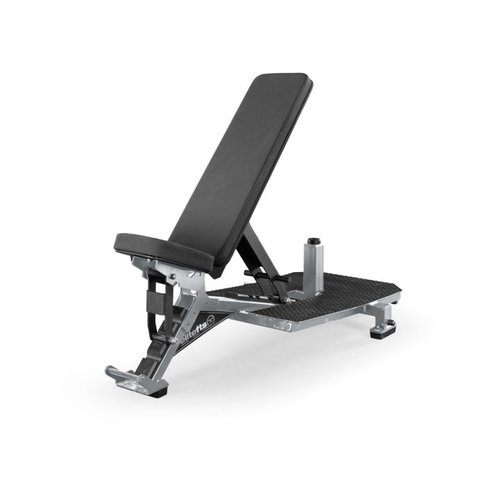 Black adjustable weight bench on a white background