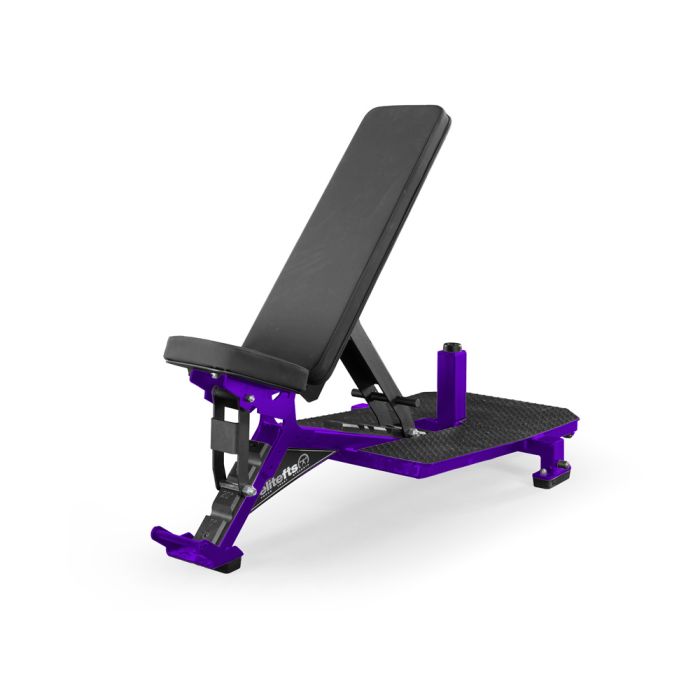 Black and purple adjustable weight bench on a white background