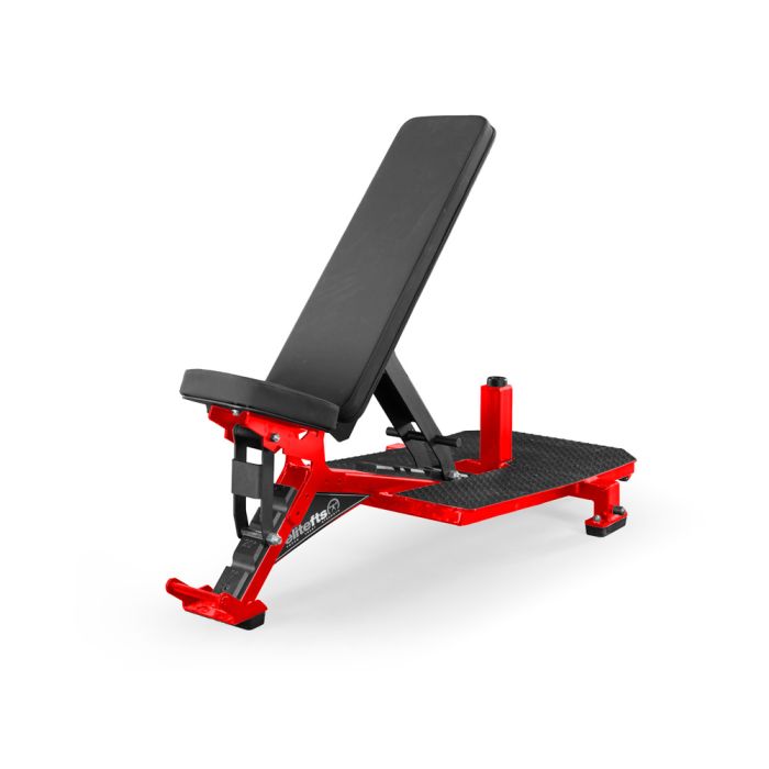 Black and red adjustable weight bench on a white background
