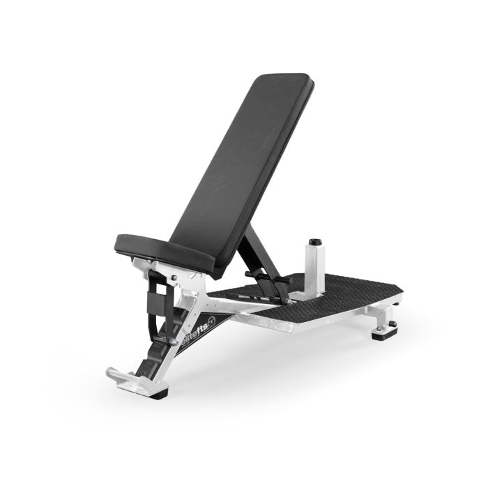 Black adjustable weight bench on a white background