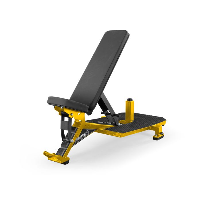 Black and yellow adjustable weight bench on a white background