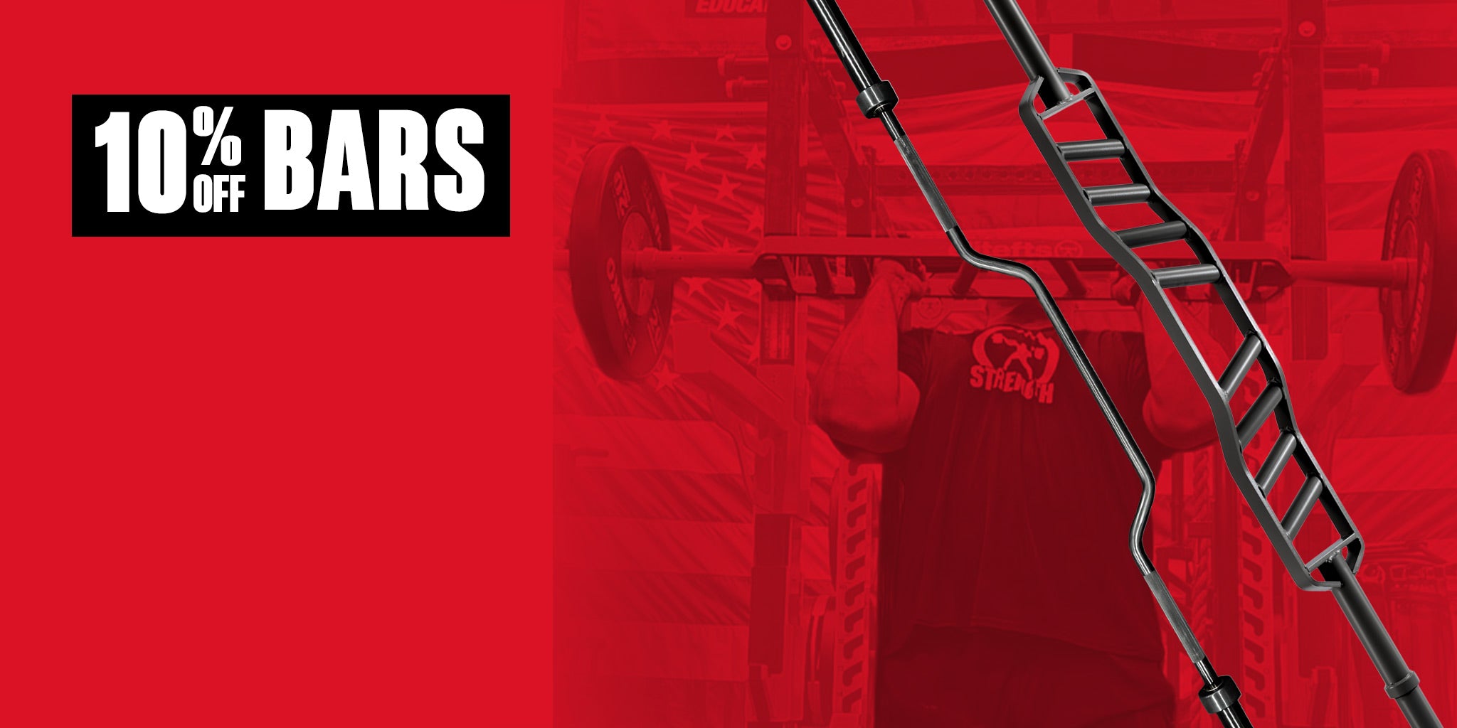 Advertisement for 10% off bars with a red background and barbell image.