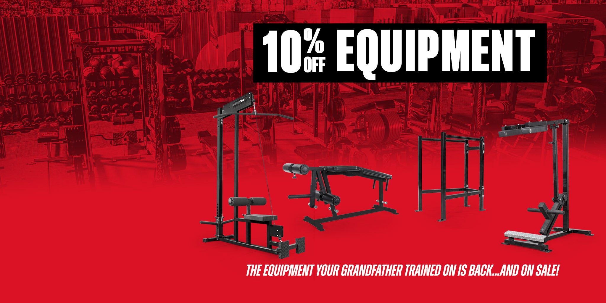 Gym equipment on a red background with a 10% off equipment promotion.