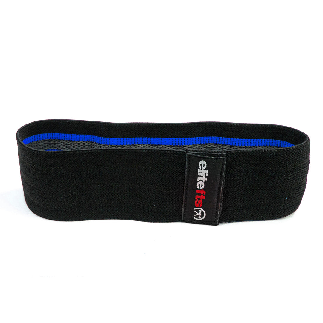 Black resistance band with blue interior and Elitefts logo on a white background
