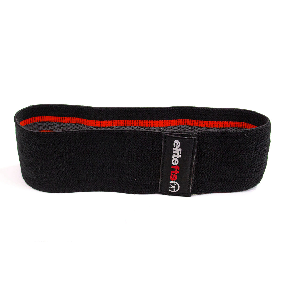 Black resistance band with red strip and 'elfit' branding on a white background