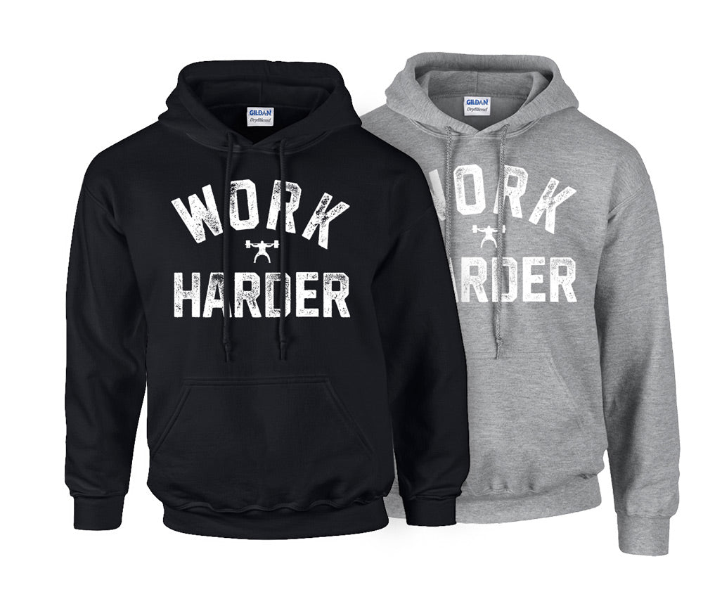 Black and gray hoodies with 'WORK HARDER' text on a white background