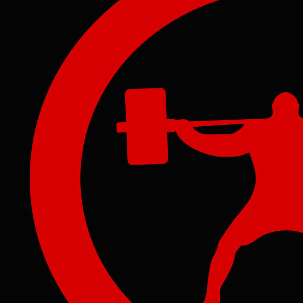 Red silhouette of a person lifting a barbell against a black background with a red circle.