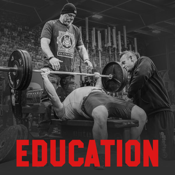 Person lifting weights with a spotter in a gym, text 'EDUCATION' at the bottom.