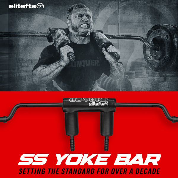 Person lifting weights with an SS Yoke Bar in a gym setting, featuring the elitefts brand.