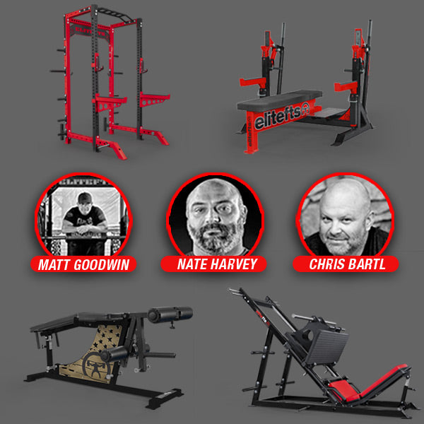 Gym equipment with Elitefts branding and images of three individuals on a gray background.