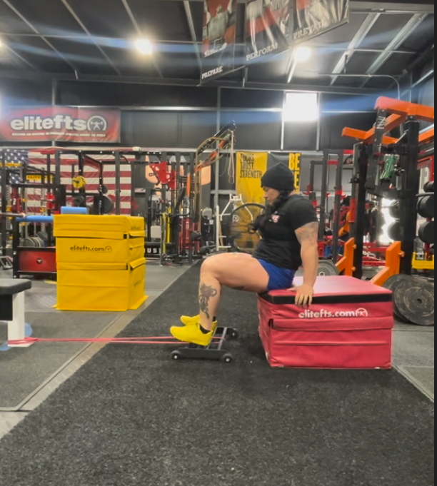 Person performing a box jump in a gym setting with 'elitefts' branding.